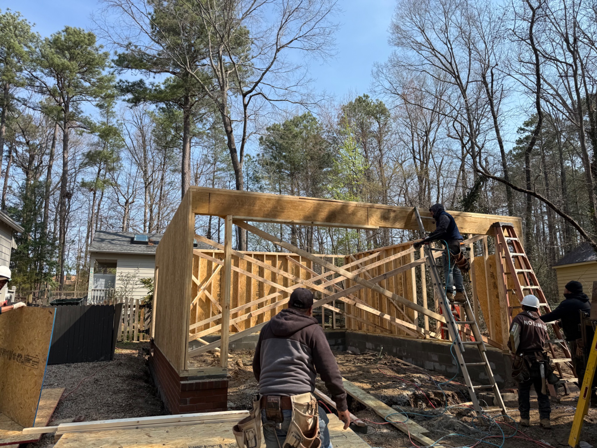 Detached garage structural framing in progress