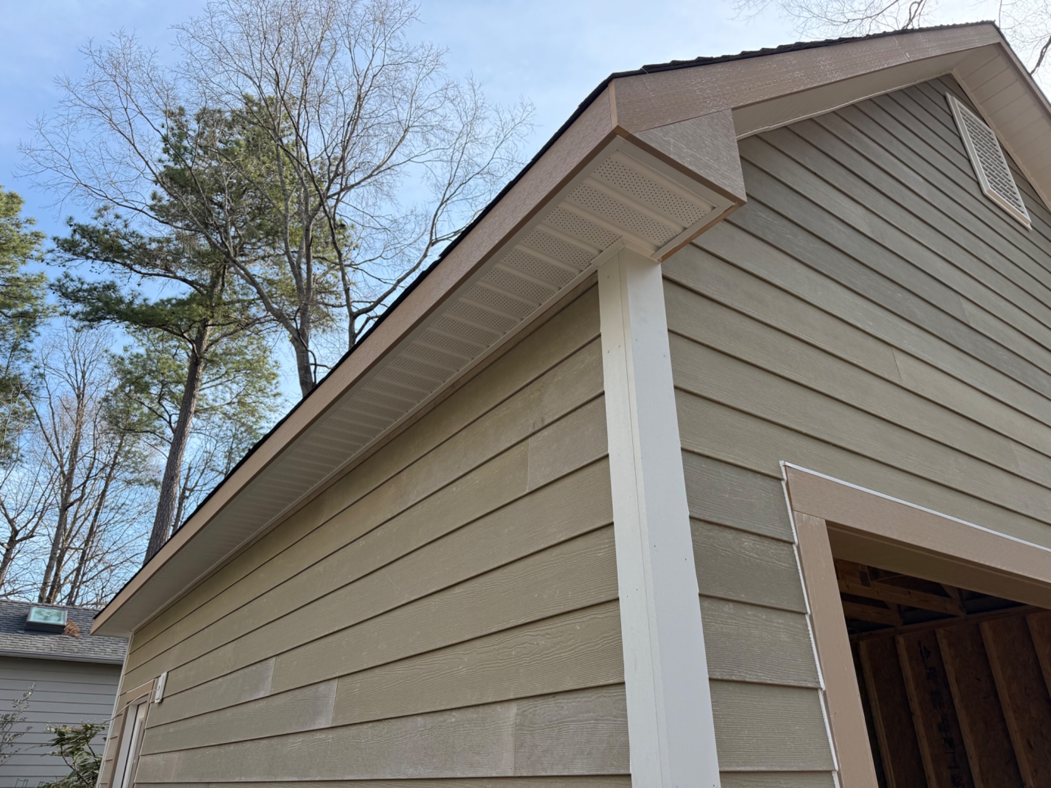 Soffit fascia siding and trim details on detached garage