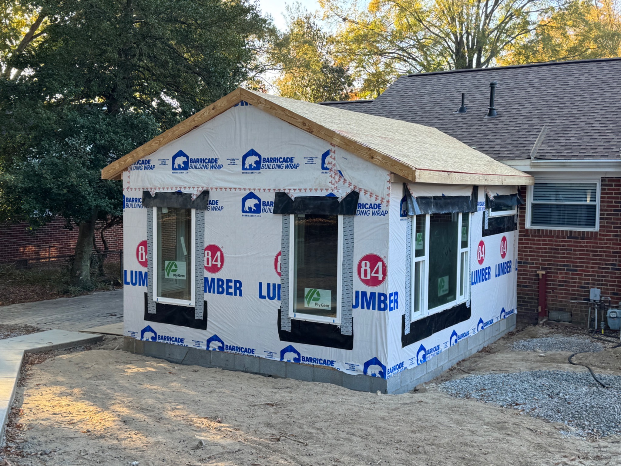 Exterior angle of sunroom addition during building envelope stage
